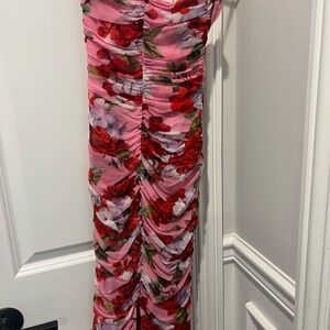 L'AGENCE Strapless Pink and Red Floral Dress